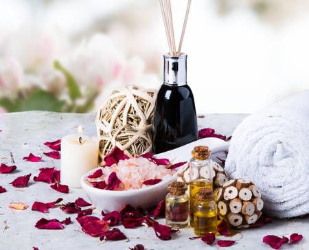 spa massage setting, rose product, oilの写真素材