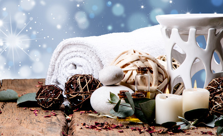 spa concept, wellness objects on wood plant, christmas background. Present holiday concept.の写真素材
