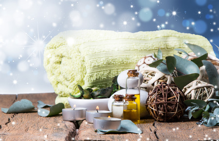 spa concept, wellness objects on wood plant, christmas background. Present holiday concept.の写真素材