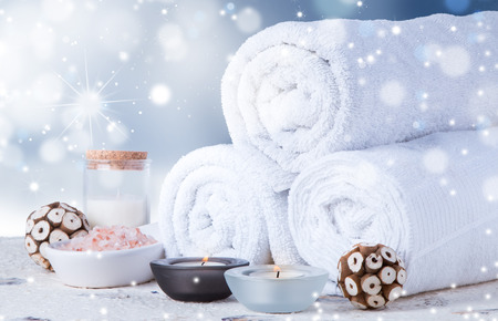 spa concept, wellness objects on wood plant, christmas background. Present holiday concept.の写真素材