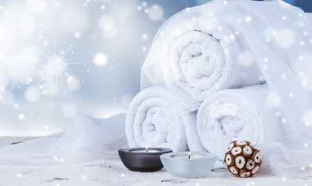 spa concept, wellness objects on wood plant, christmas background. Present holiday concept.の写真素材