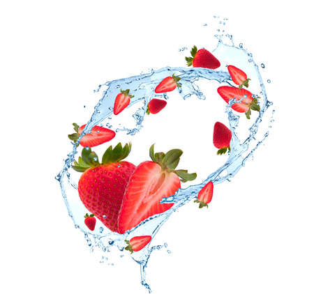 Fresh fruits, berries falling in water splash, isolated on white backgroundの写真素材