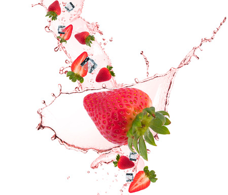 Water splash with fruits and ice cube isolated on white backgroud. Fresh strawberryの写真素材