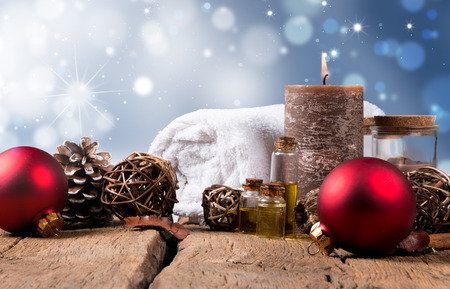 spa concept, wellness objects on wood plant, christmas background. Present holiday concept.の写真素材