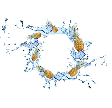 Water splash with fruits isolated on white backgroud. Fresh pineappleの写真素材