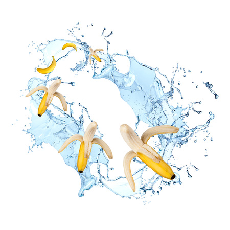 Water splash with fruits isolated on white backgroud. Fresh bananaの写真素材