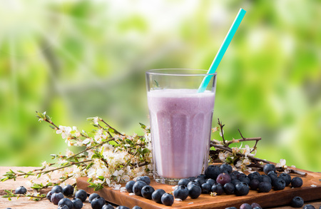 Fresh milk, blueberry drink on wooden table, assorted protein cocktail with fresh fruits.の写真素材