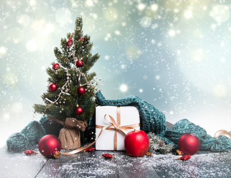 Christmas background with decoration ball, Celebration balls on woodの写真素材