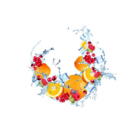 Water splash with raspberry isolated on whiteの写真素材