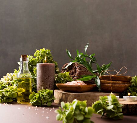 Spa Massage Setting, Nature Product, Oil on Brown Backgroundの写真素材