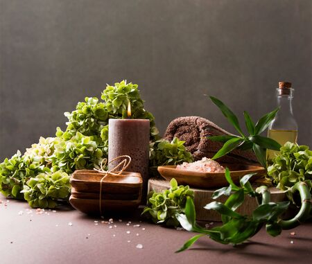 Spa Massage Setting, Nature Product, Oil on Brown Backgroundの写真素材