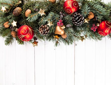 Christmas composition, Christmas decoration, ribbot, pine cone, pine on wooden table, Flat lay, copy space, free space for textの写真素材