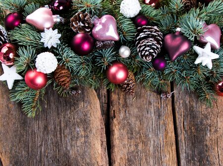 Christmas composition, Christmas decoration, ribbot, pine cone, pine on wooden table, Flat lay, copy space, free space for textの写真素材