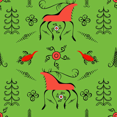 Vector seamless pattern with deer and traditional folk patterns in the style of Mezen paintingのイラスト素材