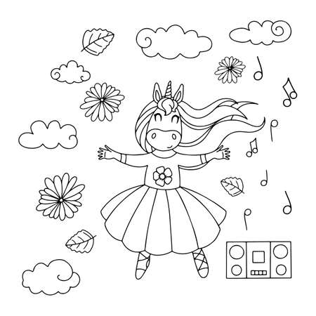 Cute ballerina unicorn illustration for coloring pagesのイラスト素材