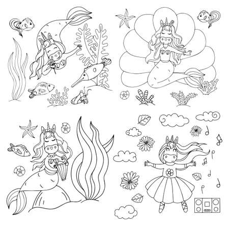Set of illustrations of cute unicorns in cartoon styleのイラスト素材