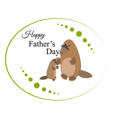 Cute Father's Day card with platypuses and green elementsのイラスト素材