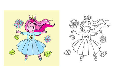 Cute gentle illustration of a unicorn girl in color and black and white for coloring pagesのイラスト素材