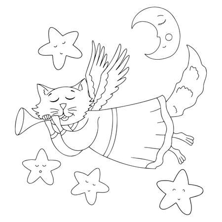 Cute Gentle Fairy-tale angel Kitten Illustration, Children's Coloring Book Illustrationのイラスト素材