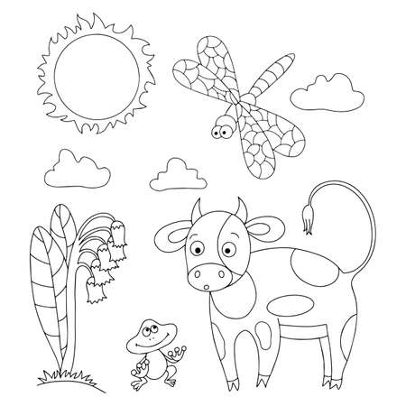 Cute gentle vector illustration of a cow and a frog, a page for children's coloring pagesのイラスト素材