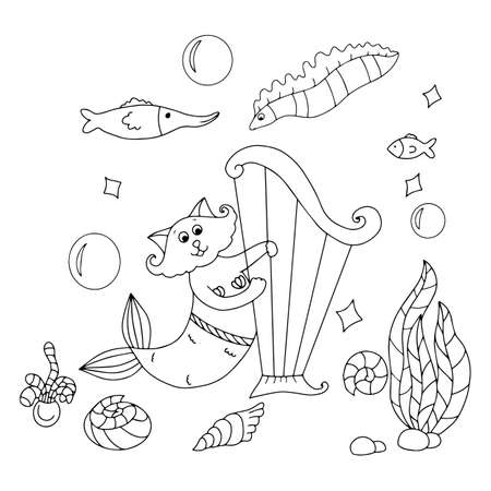 Vector illustration of the little mermaid cat for coloring pagesのイラスト素材