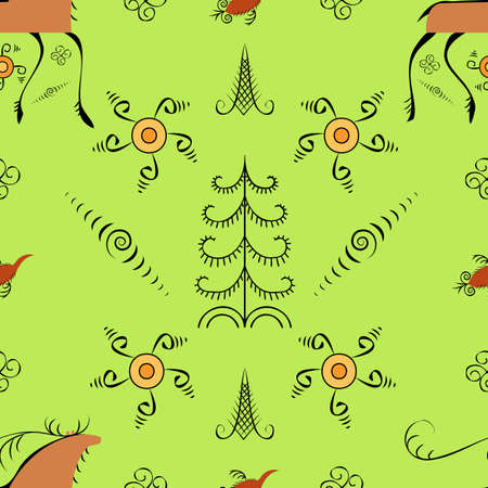 Vector seamless pattern with deer and traditional folk patterns in the style of Mezen paintingのイラスト素材
