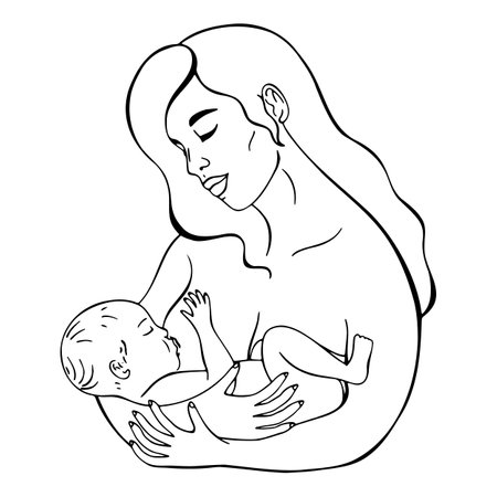 vector illustration of a nursing woman, breastfeeding, line art illustrationのイラスト素材