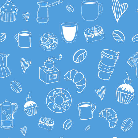 Vector seamless pattern with coffee and desserts, beautiful print for fabrics, menu design, signage, stationeryのイラスト素材