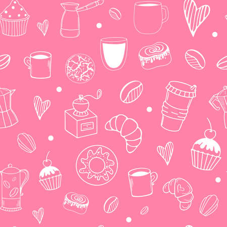 Vector seamless pattern with coffee and desserts, beautiful print for fabrics, menu design, signage, stationeryのイラスト素材