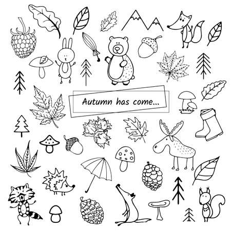 Autumn doodle, simple icons, cute forest animalsのイラスト素材