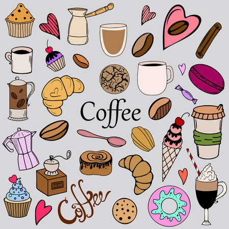 Vector doodle illustration on the theme of coffee and desserts, coffee time collectionのイラスト素材