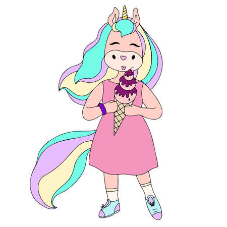 Cute cartoon unicorn with ice creamのイラスト素材