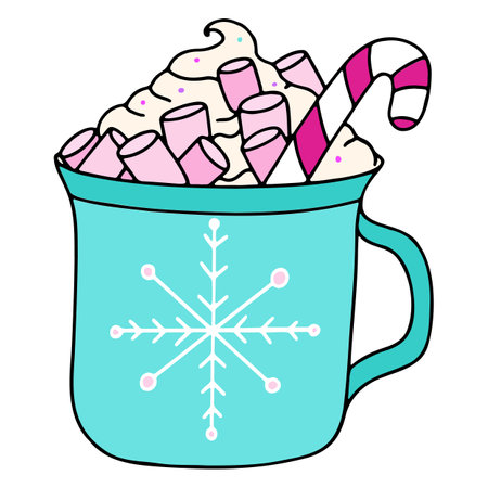 Cute Christmas cocoa with marshmallows and lollipopのイラスト素材
