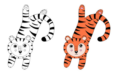 Cute tiger. Cartoon vector character isolated on a white background with black outline.のイラスト素材