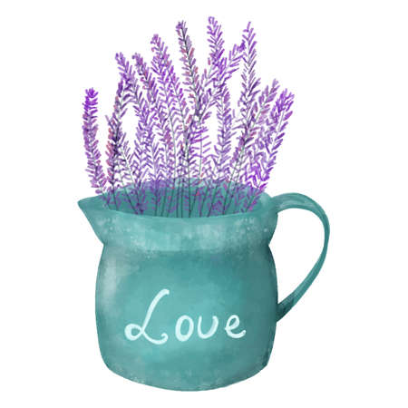 Hand-drawn vector vase watering can with lavender in Provence style, cozy decorのイラスト素材