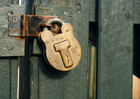 vintage brassy padlock on the green wooden fenceの写真素材