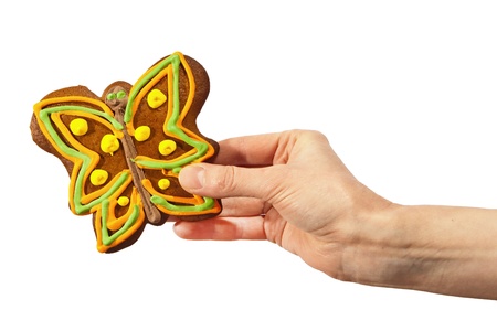 Hand holding gingerbread butterfly isolated on white backgroundの写真素材