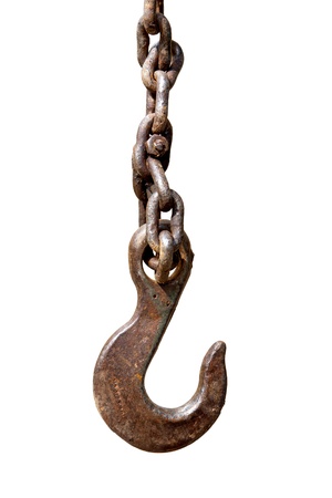 Rusty hook on chain isolated on whiteの写真素材
