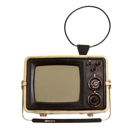 Old portable TV receiver isolated on white backgroundの写真素材