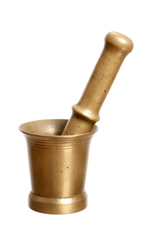 Old bronze mortar and pestle isolated on white backgroundの写真素材