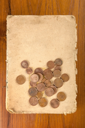 Copper euro cents coins on old softcover book の写真素材