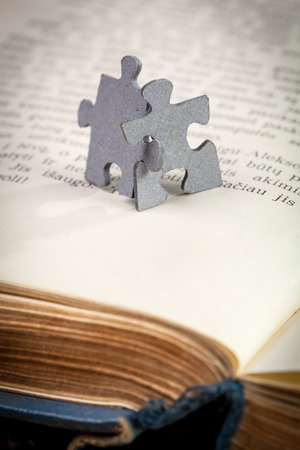 closeup of two jigsaw puzzle pieces on a page of opened bookの写真素材