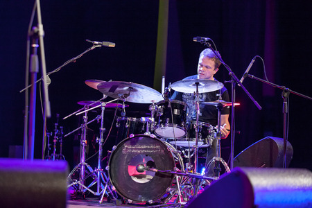 KAUNAS, LITHUANIA - APRIL 24, 2015: Polish drummer and composer Cezary Konrad performs at the stage of \"Kaunas Jazz\" festival as a member of Wlodek Pawlik Project.のeditorial素材