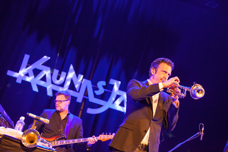 KAUNAS, LITHUANIA - APRIL 25, 2015:  Till Bronner Quintet performs at the stage of "Kaunas Jazz" festival.Till Bronner trumpet, Christian von Kaphengst bassのeditorial素材