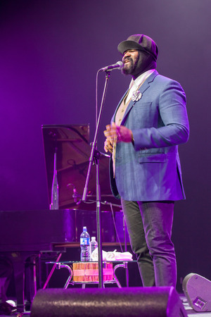 KAUNAS, LITHUANIA - APRIL 26, 2015:Grammy winner jazz singer Gregory Porter performs at the stage of "Kaunas Jazz" festival.のeditorial素材