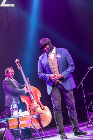 KAUNAS, LITHUANIA - APRIL 26, 2015: Grammy winner jazz singer Gregory Porter and bass player Aaron James perform at the stage of "Kaunas Jazz" festival.のeditorial素材