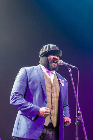 KAUNAS, LITHUANIA - APRIL 26, 2015: Grammy winner jazz singer Gregory Porter performs at the stage of "Kaunas Jazz" festival.のeditorial素材