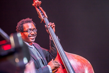 KAUNAS, LITHUANIA - APRIL 26, 2015: Jazz musician Aaron James performs at the stage of "Kaunas Jazz" festival.のeditorial素材