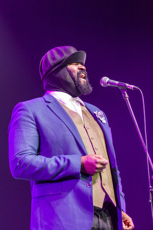KAUNAS, LITHUANIA - APRIL 26, 2015: Grammy winner jazz singer Gregory Porter performs at the stage of "Kaunas Jazz" festival.のeditorial素材