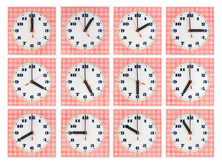 Set of round clockfaces on red striped background showing different hours